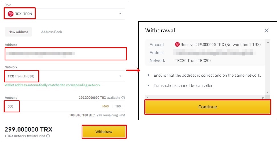 트론 출금 주소&#44; 네트워크&#44; 수량 지정 후 출금 버튼 클릭 중