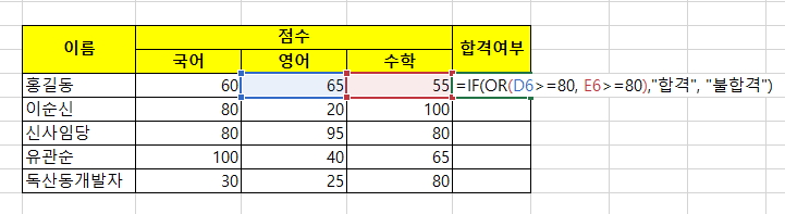 OR함수 사용화면