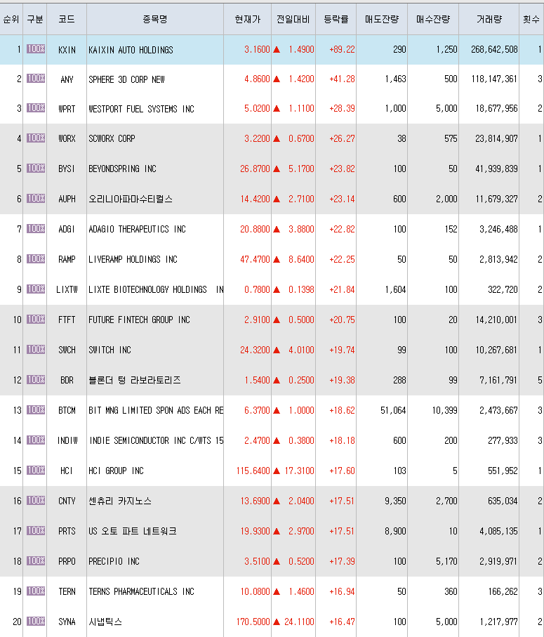  8월6일 미국주식 상승률 상위 종목 TOP 300