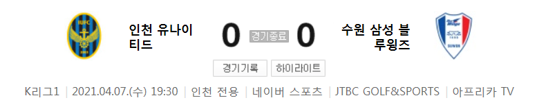  2021 K리그1 / 8라운드 - 인천 유나이티드 대 수원 삼성 블루윙즈 (2021년 4월 7일 경기 하이라이트)