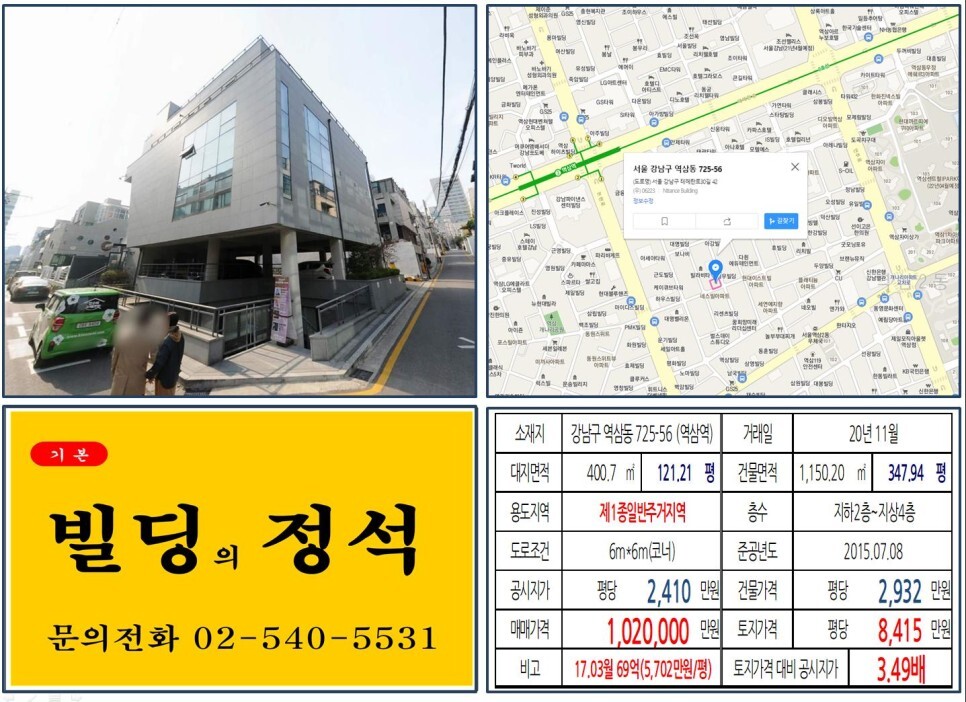  [강남구 올근생 100억 꼬마빌딩 실거래가 조회] 역삼동 725-56 (역삼역) 12억 원, 평당 8,415만 원 매매되었습니다. 르네상스호텔