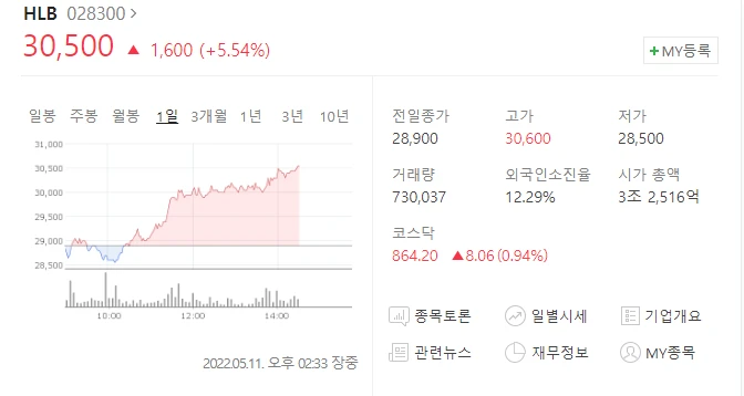  (028300)에이치엘비 주가전망 HLB주가전망 HLB상승 에이치엘비 상승