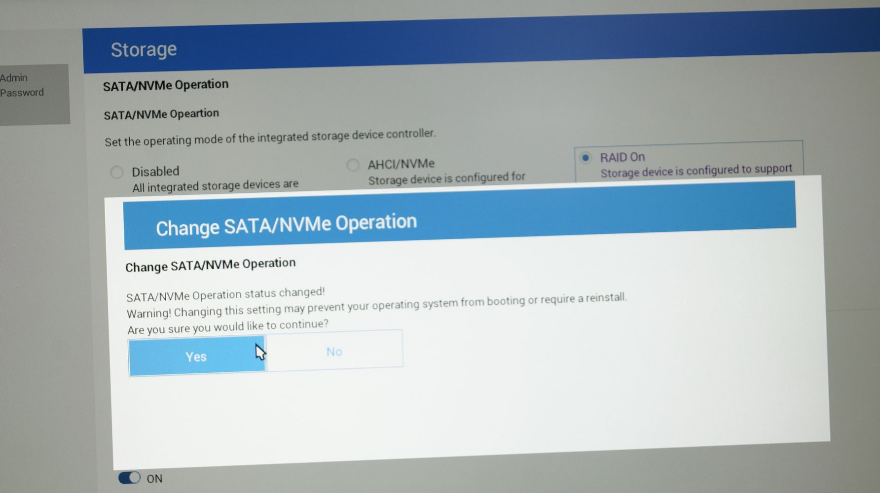SATA/NVMe 옵션 변경