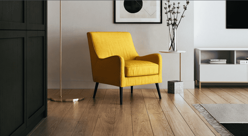 Living room with a yellow sofa needed for childcare