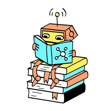 로봇이 책위에 앉아서 책을 읽으며 학습하는 모습