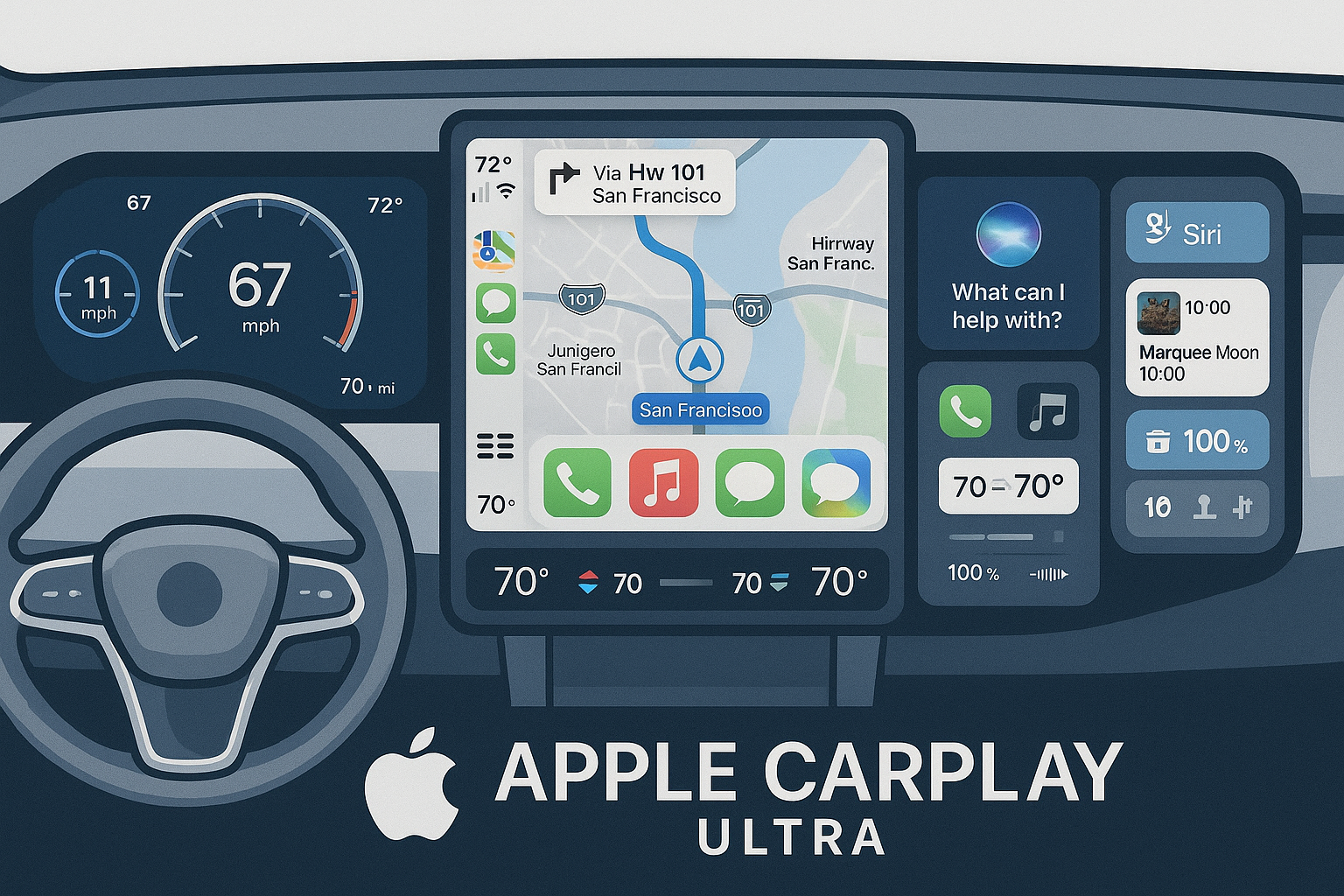 차량 제어 통합, 멀티스크린, 애플 생태계 연결을 구현한 CarPlay Ultra 애플 카플레이 울트라 UI 요약 썸네일