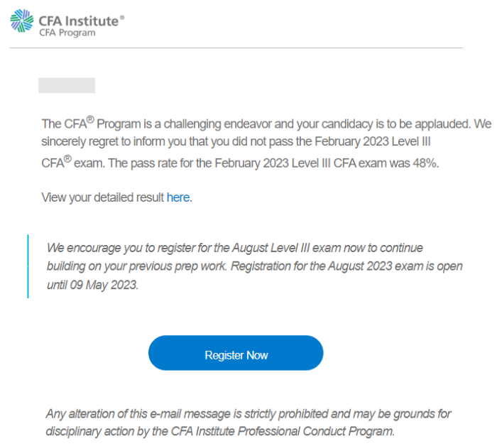 CFA 불합격 메일