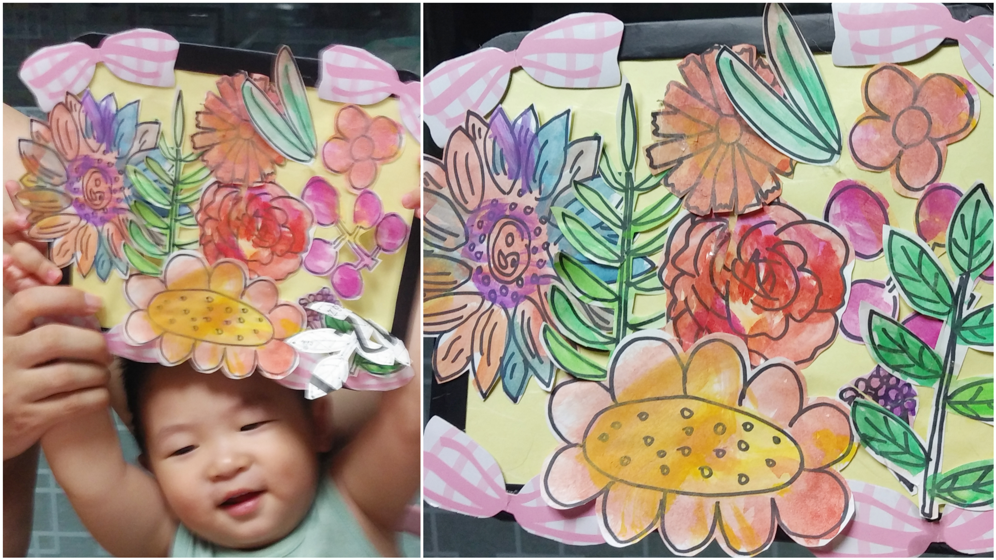 꽃 그림 액자 완성! 뿌듯해 하는 어린이