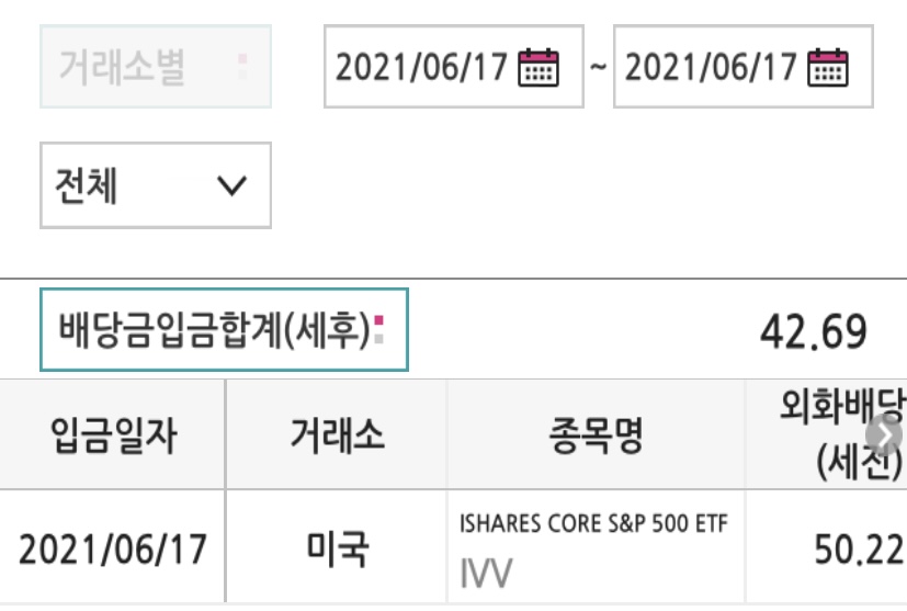  IVV ETF 2021년 2분기 배당금 분배금 입금 완료