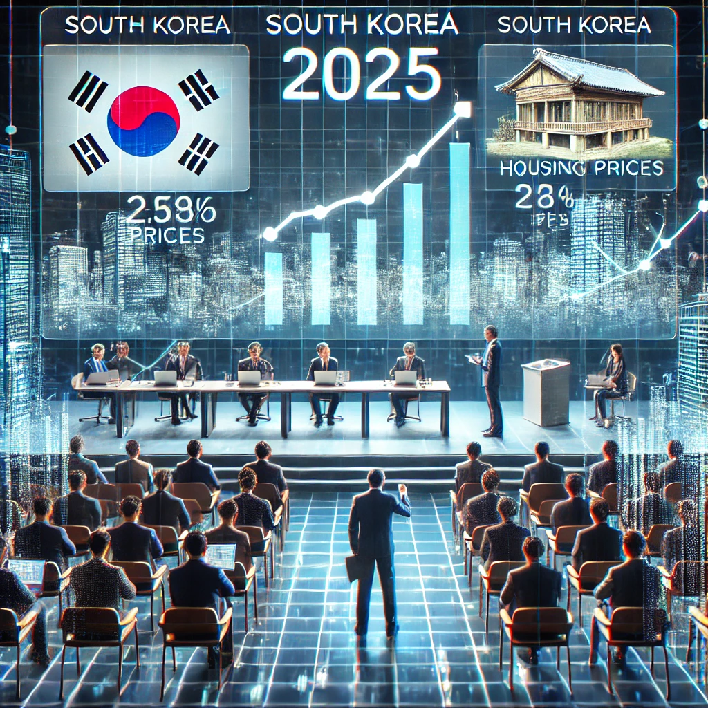 디지털 컨퍼런스에서 전문가들이 2025년 부동산 시장 동향을 발표하며 상승·하락 요인을 비교하는 장면
