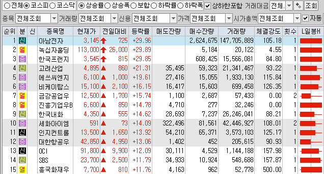  12월29일 코스피 코스닥 상한가 포함 상승률 상위 종목 TOP 100