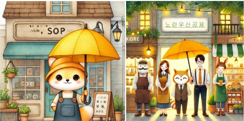 노란우산을 쓰고 있는 소상공인들의 이미지