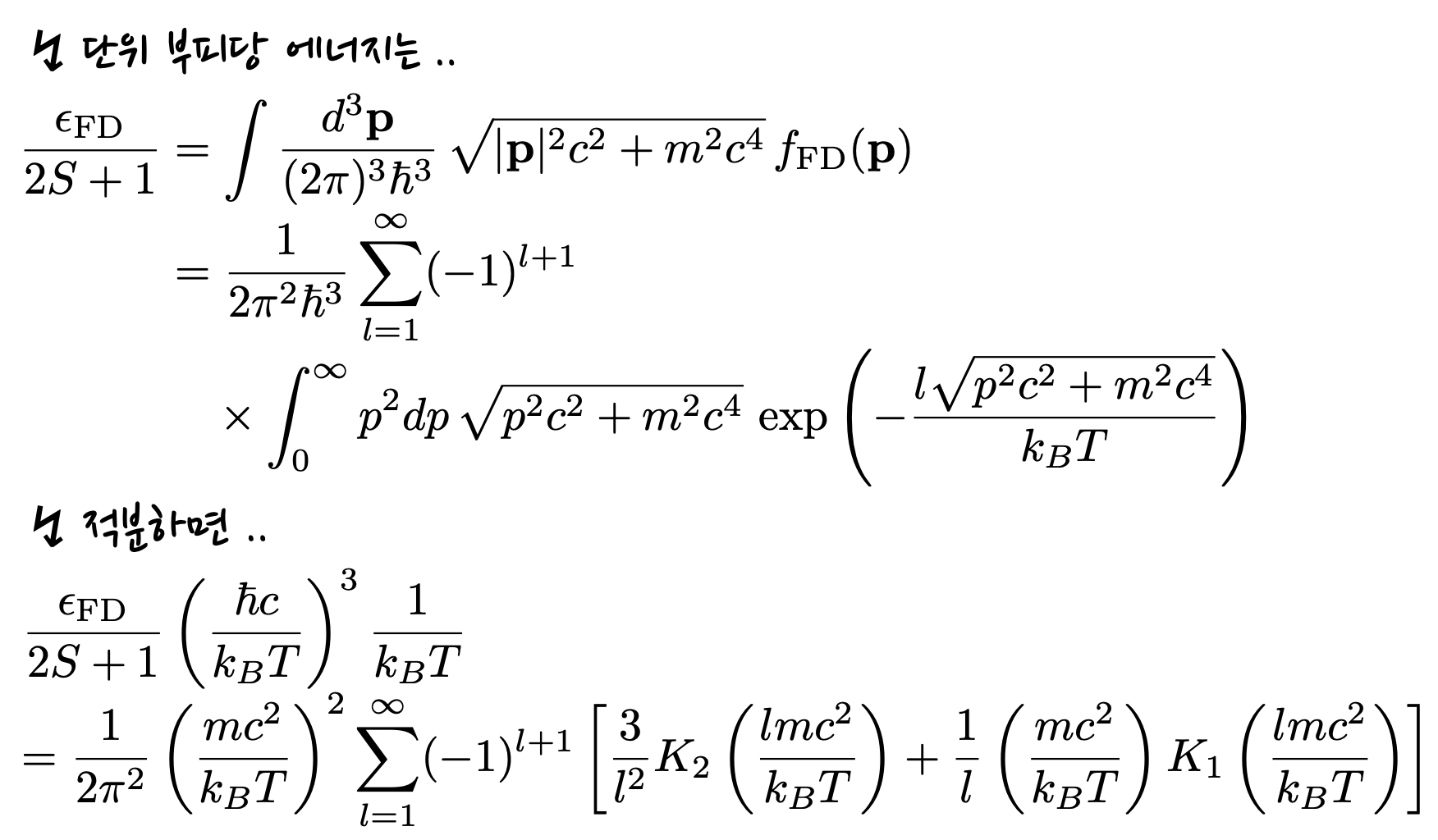 formulae for energy density of fermions, derived from relativistic Fermi-Dirac thermal distribution function