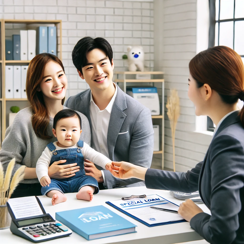 은행 창구에서 아기와 함께 상담 중인 출산 가정