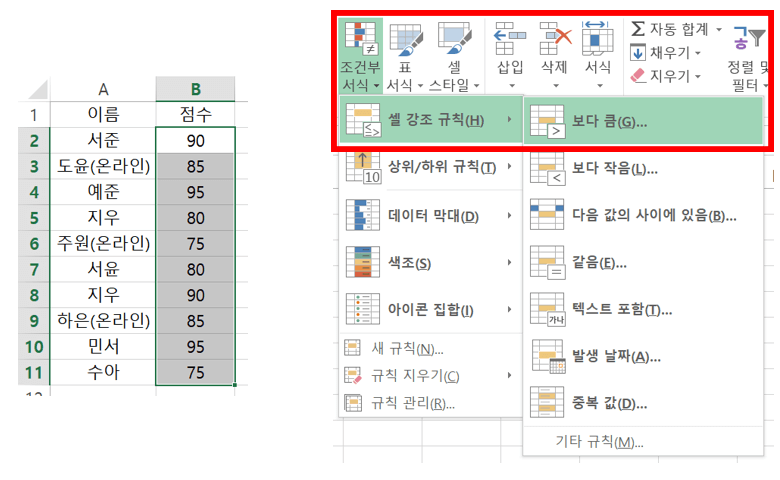엑셀 조건부서식 셀 강조 규칙