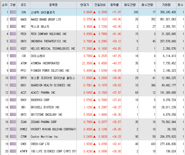  1월5일 미국주식 상승률 상위 종목 TOP 200