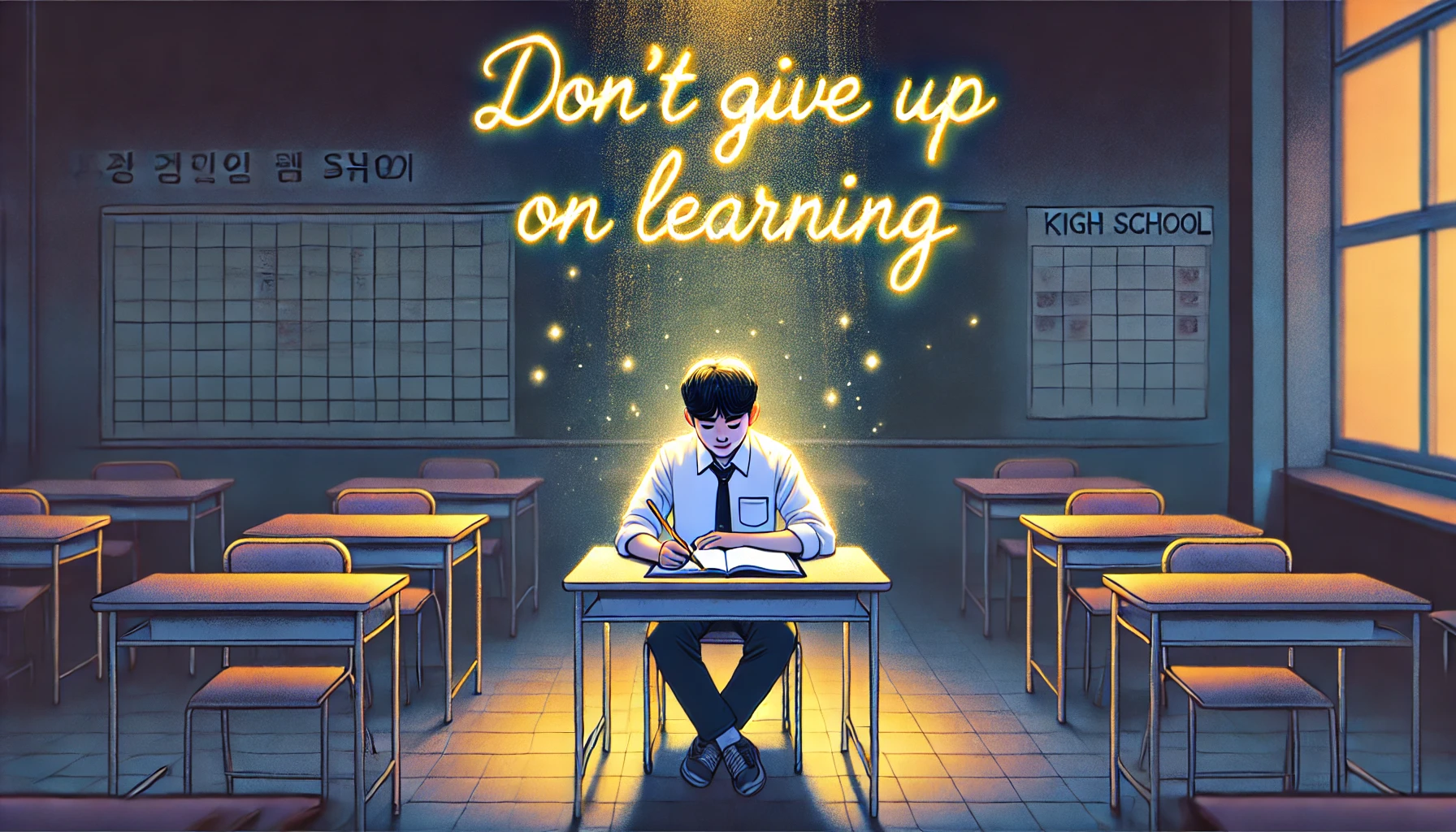 &quot;Don't Give Up on Learning&quot;이라는 문구와 책상 위에 집중하는 모습