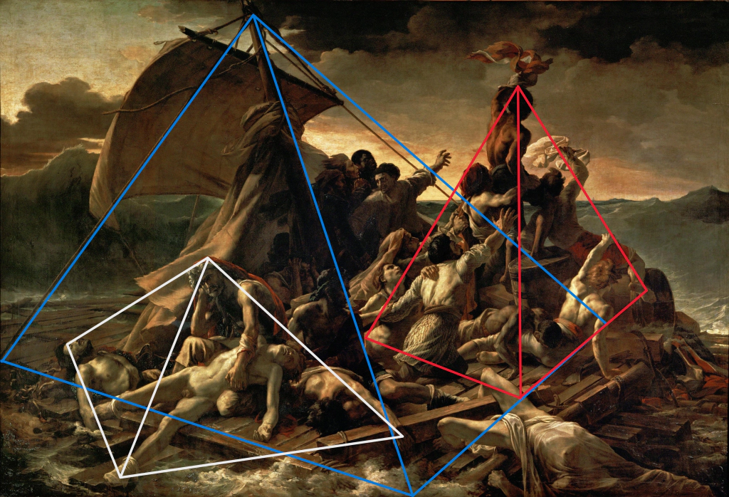 &lt;메두사호의 뗏목&gt;에 나타난 삼각형 구도를 보여주는 이미지입니다.