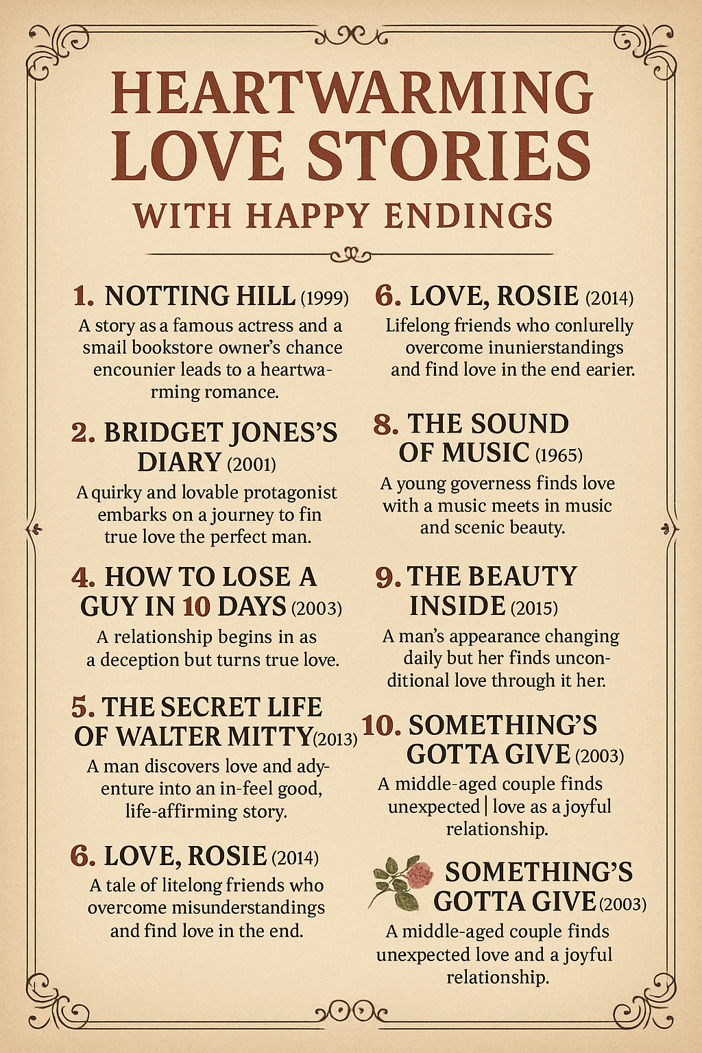 A vintage-style infographic highlighting ten heartwarming romantic films with happy endings and nostalgic charm