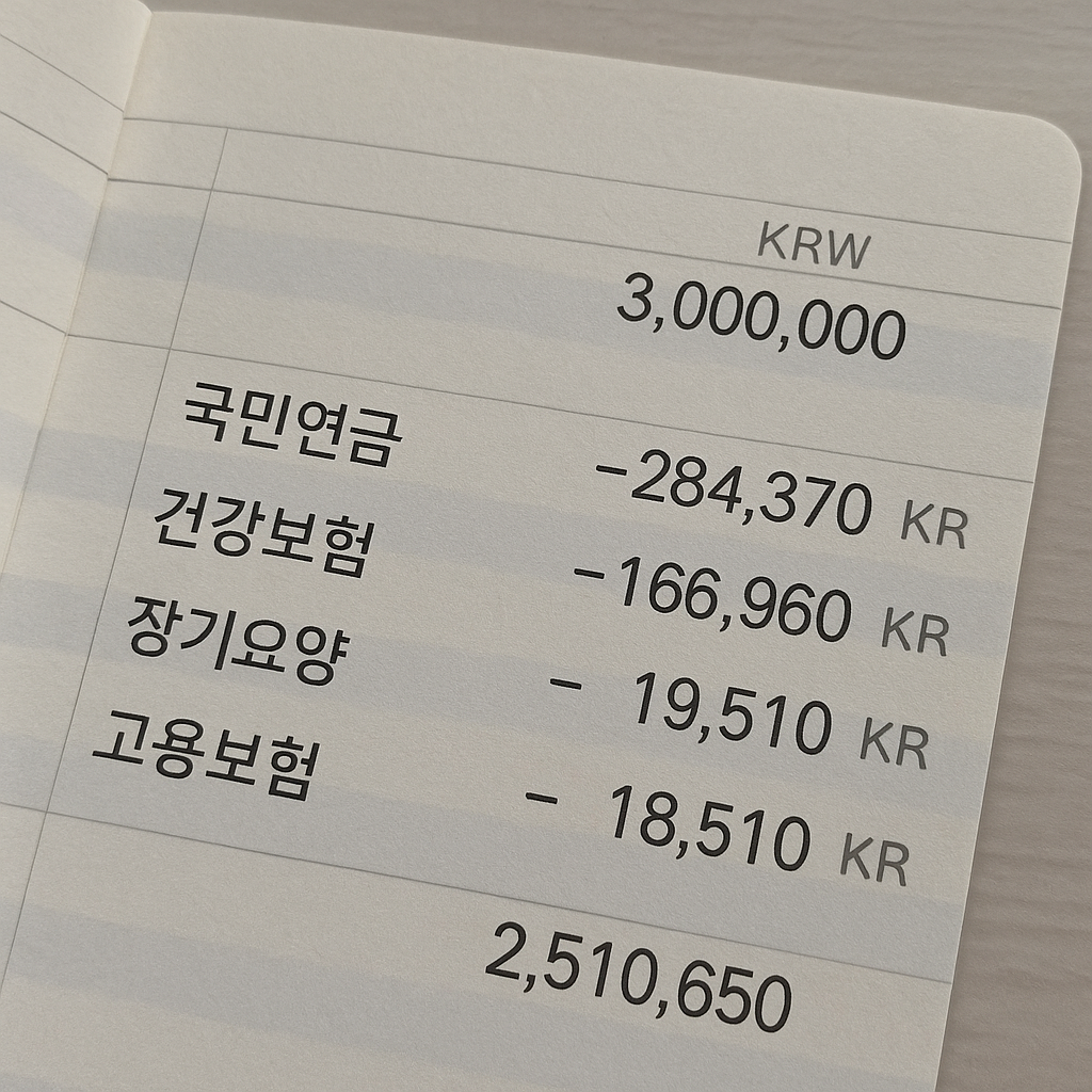 월급에서 4대 보험료가 빠져나간 내용이 통장에 찍혔다.