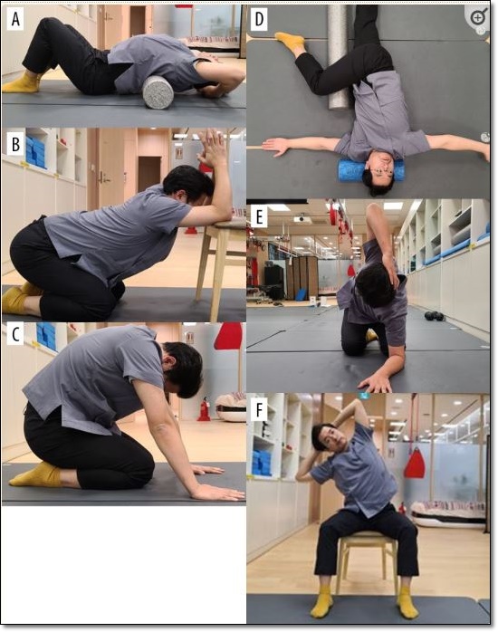 흉추 가동성 증가를 위한 흉추 운동법을 나타낸 사진들