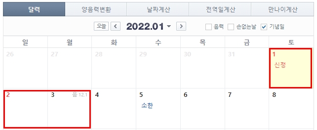 2022년_1월달력