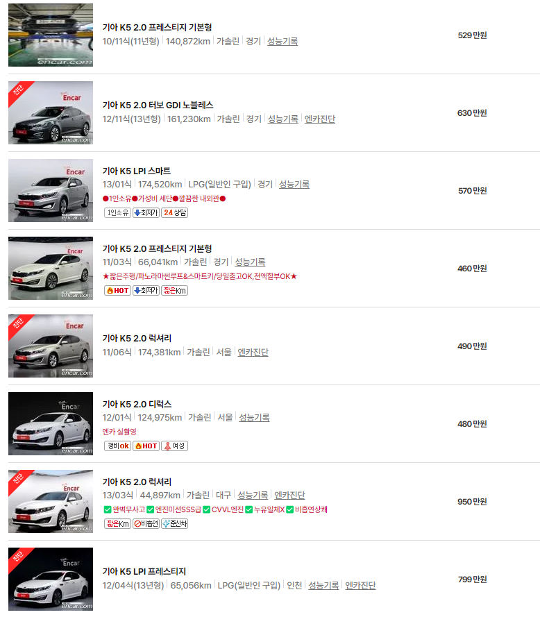 K5(10~13년식) 중고차 가격