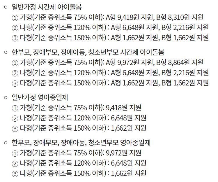 아이돌봄 서비스 지원 금액 표