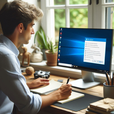 윈도우 설정을 확인하며 필기 중인 남성