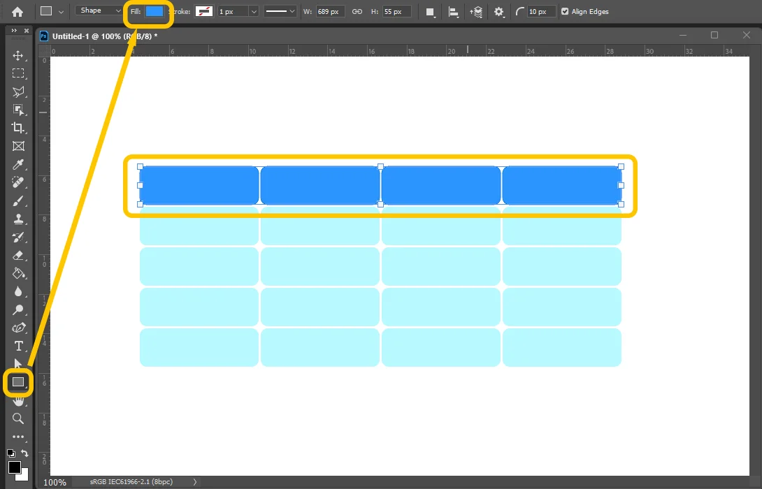 어도비 포토샵에서 사각형을 만들고 색상을 바꾼 모습