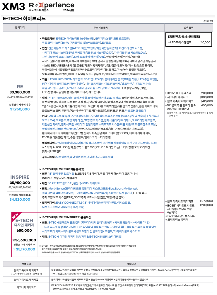 XM3 e-tech하이브리드 가격표