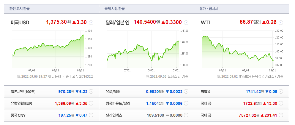  달러 인덱스 109.51 / 원달러 1,375.30원 / 유로 0.9920