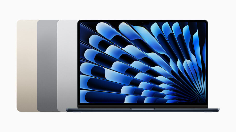 새로운 MacBook Air는 스타라이트&#44; 스페이스 그레이&#44; 실버&#44; 미드나이트의 네 가지 근사한 색상 마감으로 출시된다.