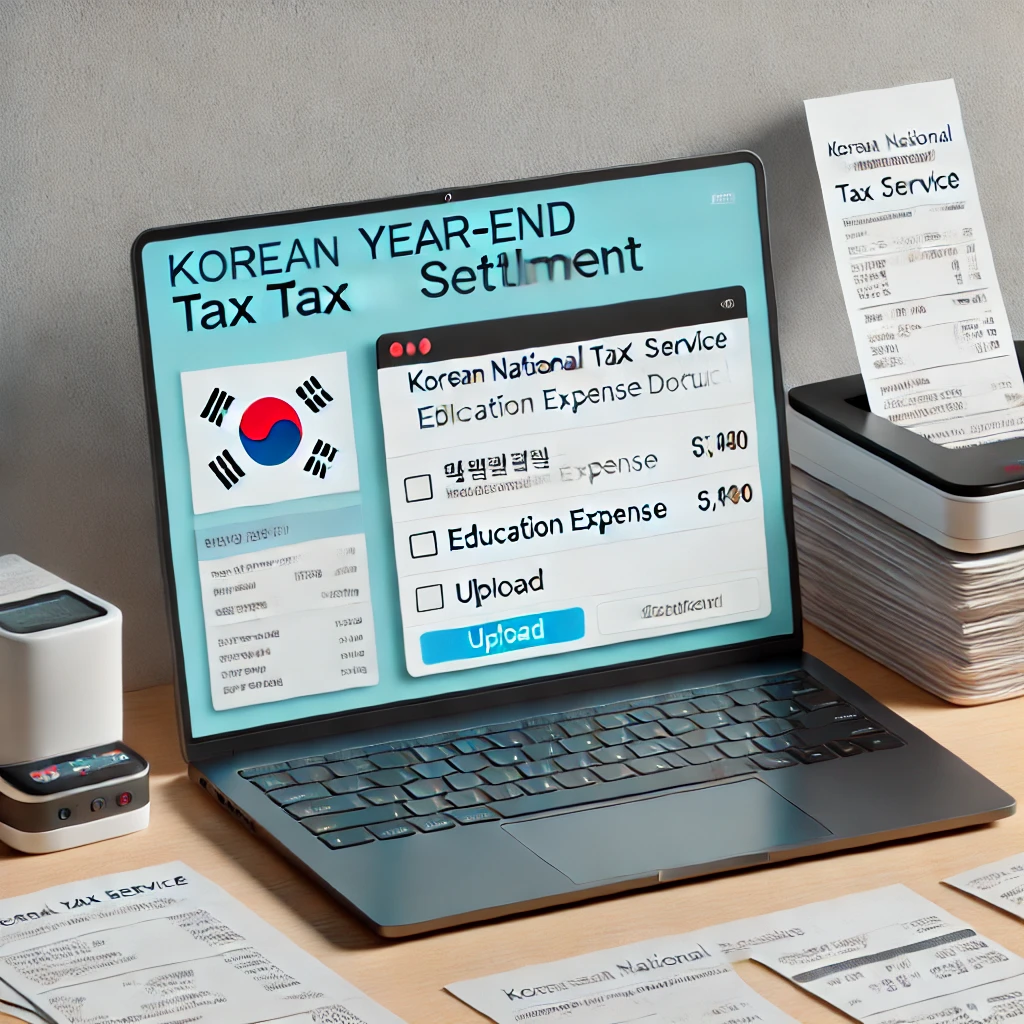 노트북 화면에 홈택스 포털이 표시된 모습, 책상에는 스캐너와 교육비 영수증이 놓여 있음.