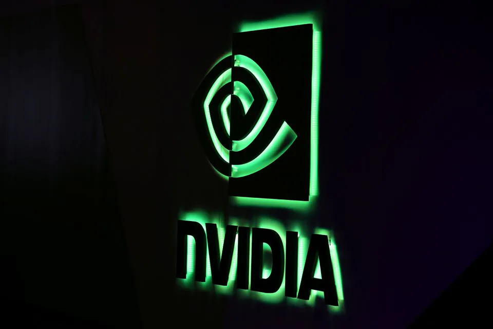 NVIDIA 로고가 미국 캘리포니아주 로스앤젤레스에서 열린 SIGGRAPH에서 보여지고 있다.
