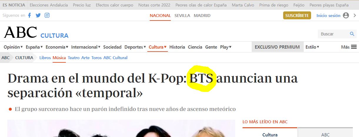 BTS 활동 잠정 중단 해외 스페인 언론 ABC 보도
