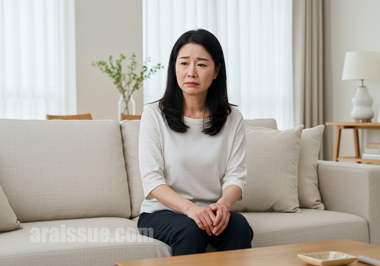 현대적인 거실에 앉아 있는 40대 한국 여성, 갱년기 증상으로 불편함을 느끼고 있는 모습. 걱정스러운 표정으로 앉아 있으며, 밝고 모던한 실내 배경.
