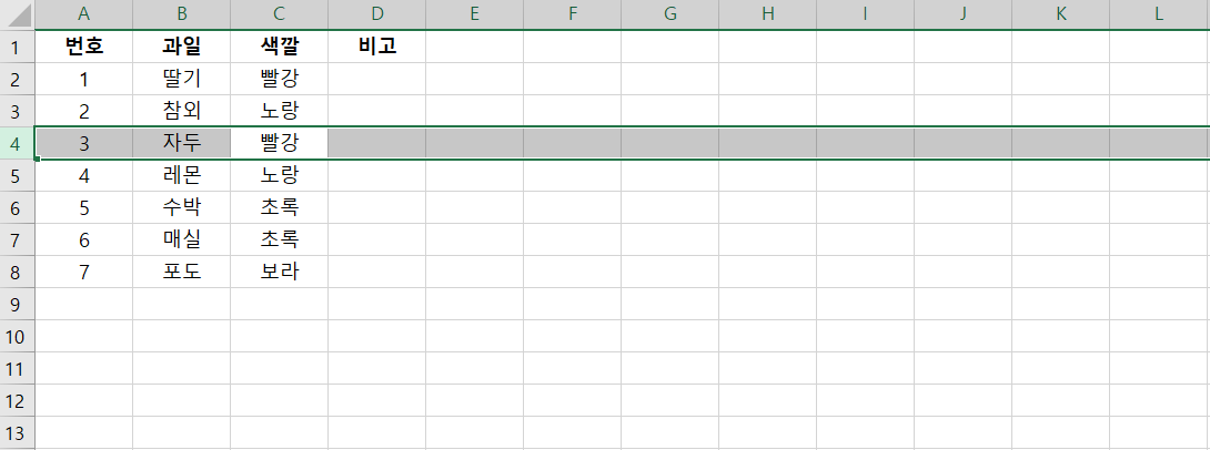 Shift와-Spacebar를-동시에-누르면4행-전체가-선택됨
