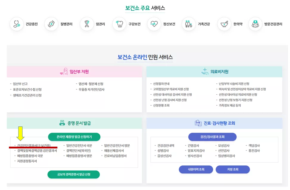 보건소 온라인 민원서비스 화면