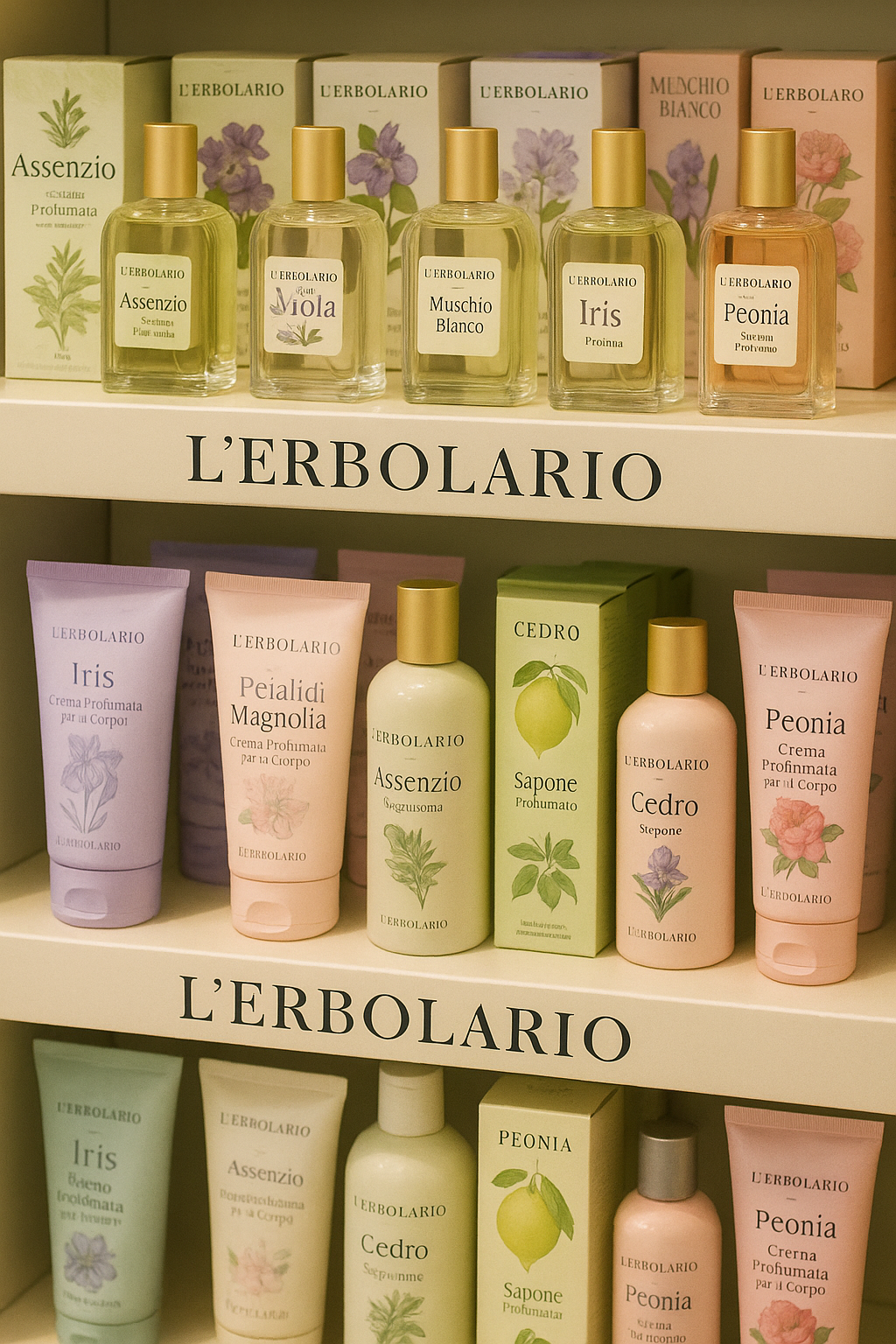 로마 피우미치노 공항 면세점 L&rsquo;Erbolario 향수 진열대&amp;#44; 바디 제품 클로즈업