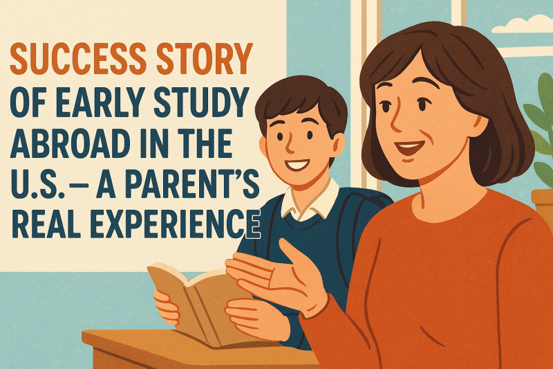 Illustration of a smiling mother and her school-aged child discussing a book, representing a parent’s perspective on the success of early U.S. study abroad.