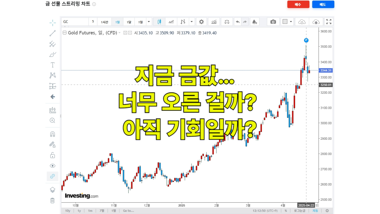 금값 상승 흐름 차트 위에 '지금 금값… 너무 오른 걸까? 아직 기회일까?'라는 문구가 강조된 이미지