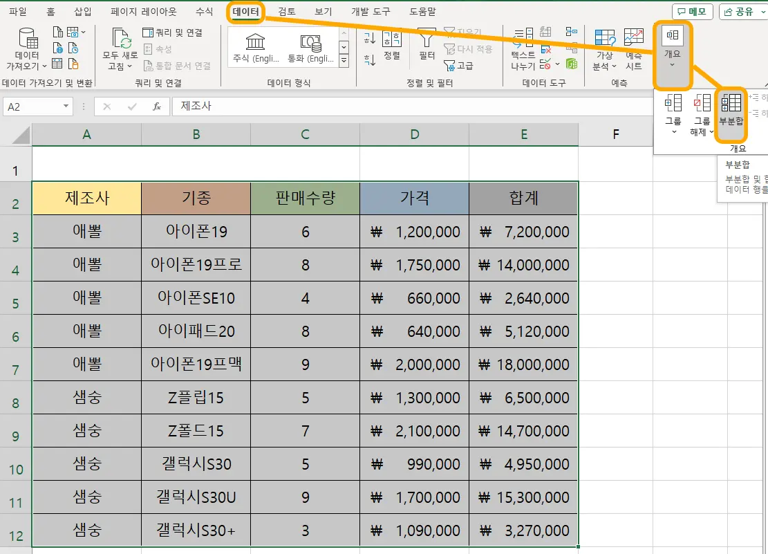 엑셀에서 부분합을 실행하는 모습