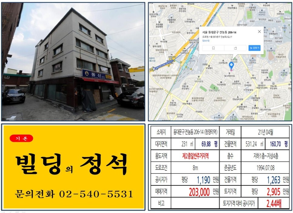  [동대문구 청량리뉴타운 20억 꼬마빌딩 실거래가 조회] 전농동 206-14 (청량리역) 20억 3,000만 원, 평당 2,905만 원 매매되었습