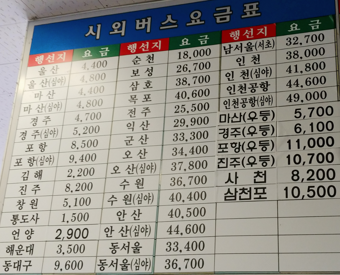 경남양산시-시외버스터미널시간표요금표모습