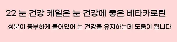  22 눈 건강 케일은 눈 건강에 좋은 베타카로틴 성분이 풍부하게 들어있어 눈 건강을 유지하는데 도움이 됩니다