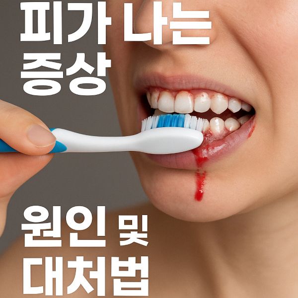잇몸에서 피가 나는 증상을 보여주는 양치 장면으로, 칫솔질 도중 입가로 붉은 피가 흐르고 있으며, 상단과 하단에는 '피가 나는 증상', '원인 및 대처법'이라는 굵은 한글 텍스트가 강조되어 있는 경고성 이미지