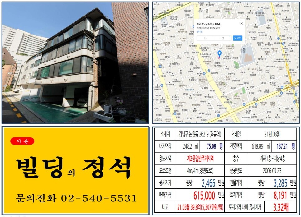  [강남구 언주로 60억 꼬마빌딩 실거래가 조회] 논현동 262-9 (학동역) 61억 5,000만 원, 평당 8,191만 원 매매되었습니다.