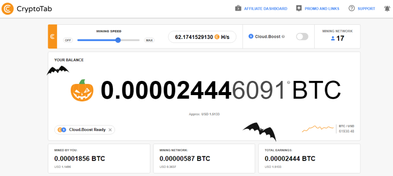  크립토탭(CryptoTab)을 통한 비트코인 채굴 현황(2021.11.07)