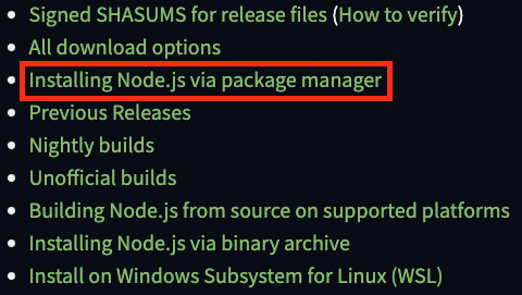Installing Node.js via package manager 선택 화면